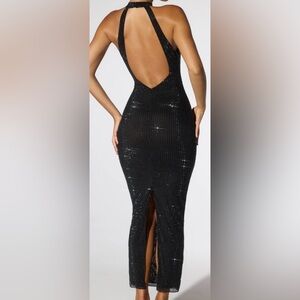 Embellished Halter Neck Low Back Evening Gown in Black